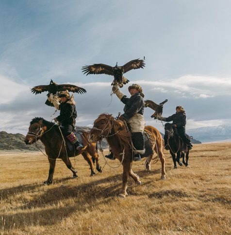 Portrait of group of eagle hunters in Mongolia
