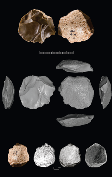 The engraved cortical Levallois core of Manot. High-resolution photograph and 3D model. | Credit: Photo by E. Ostrovsky, drawing by M. Smelansky, & 3D models by E. Paixao and L. Schunk.